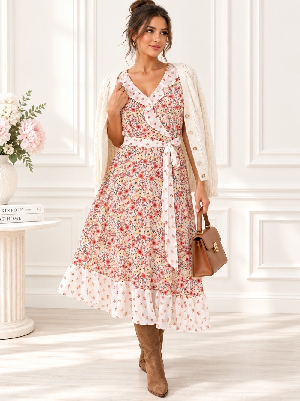 NWT R&K Floral Ruffle Midi Dress Belted Cottagecore | Size 14